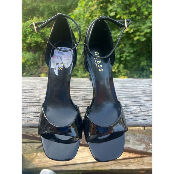 Guess Strap Ankle Heels Black/Silver Sz 9.5 patent leather NWT - Picture 2 of 7